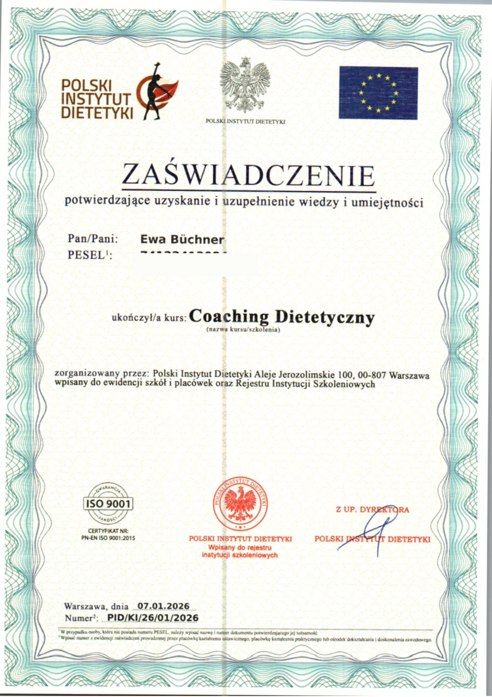 Certyfikat Coaching Dietetyczny - Ewa Büchner