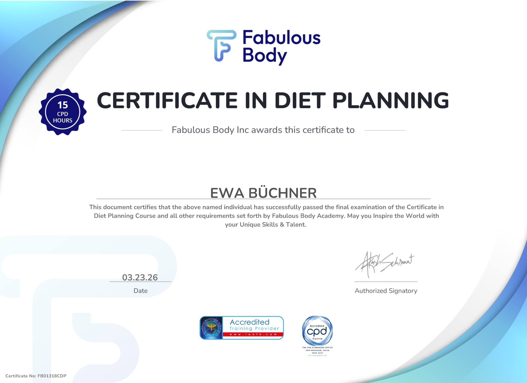 Fabulous Body Certificate in Diet Planning – Ewa Büchner