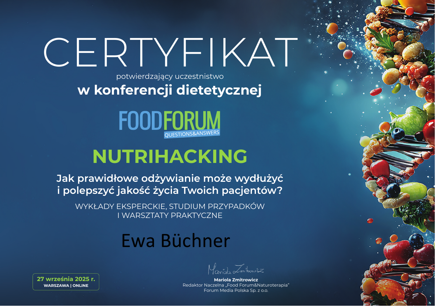 Certyfikat konferencji dietetycznej Nutrihacking – Ewa Büchner